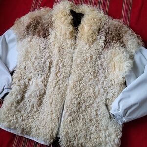 Vintage 80's Lambs Fur & White Leather Jacket Womens Size Large Lined Pockets
